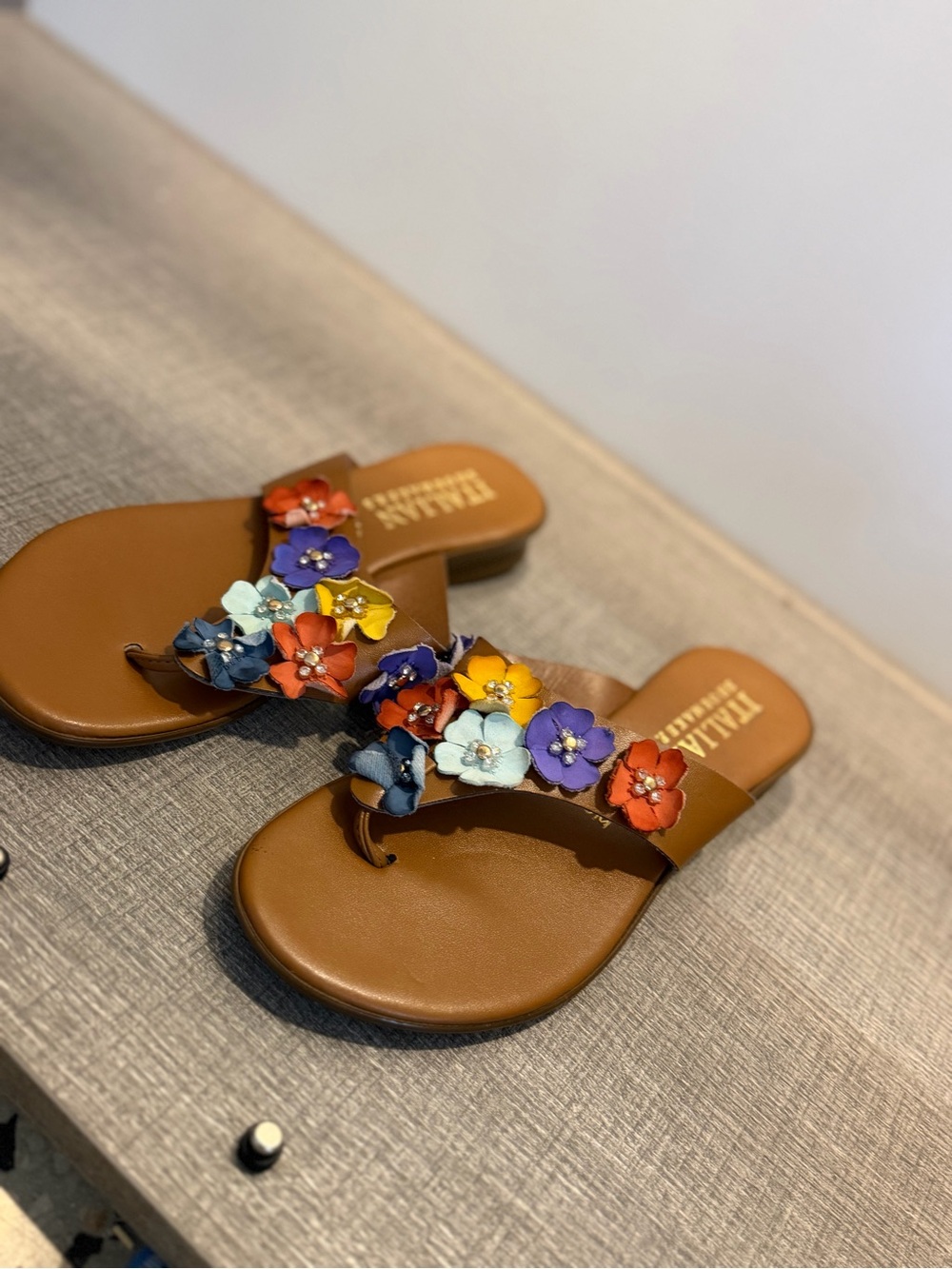 Italian Shoemakers Brown Slide Sandals with Multicolor Flower Appliqués